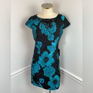 ELIZA J Teal Black Cocktail Dress Embellished Neckline NWT | Size 4P | Nordstrom